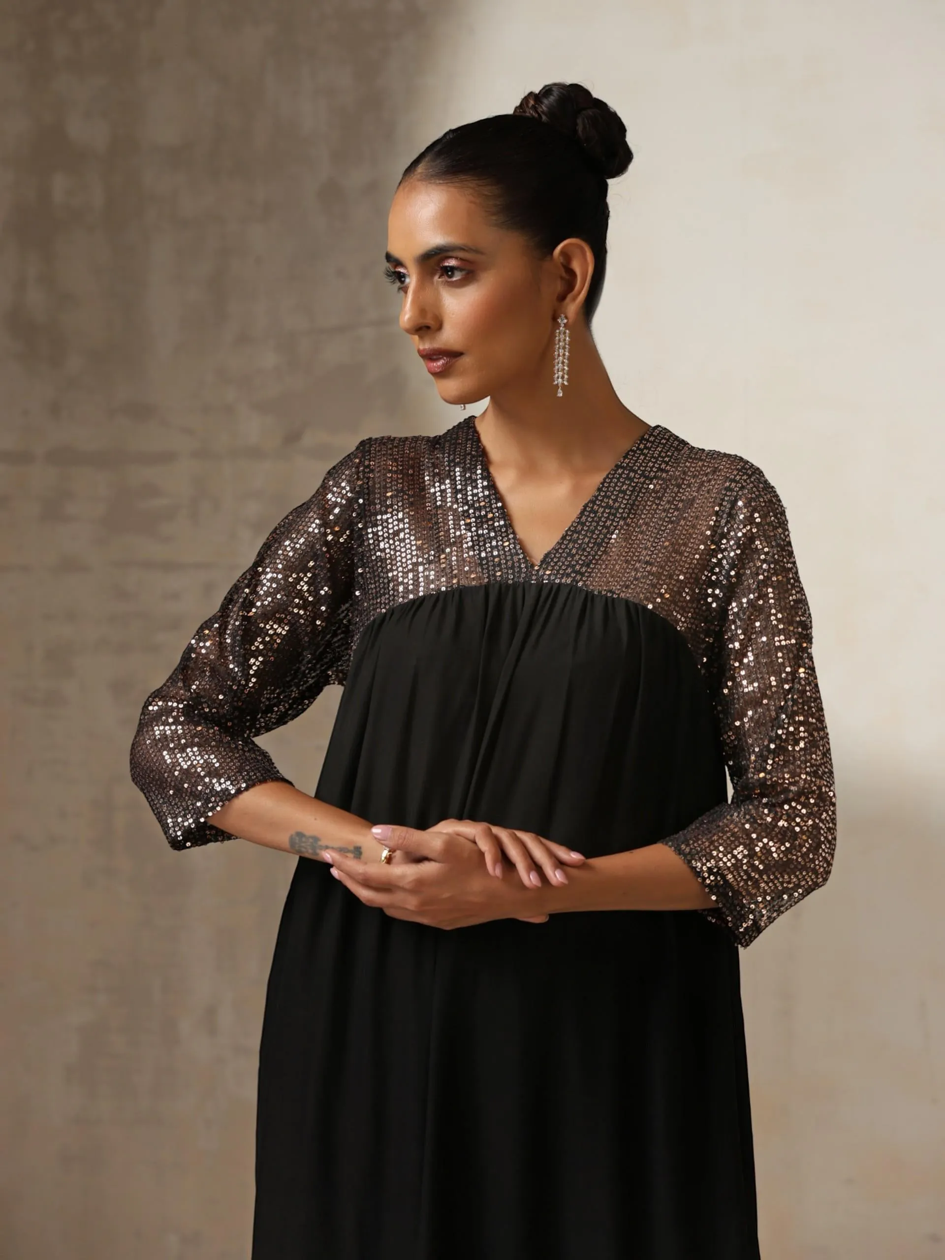 2 pc SET - Glamour Queen Black and Bronze Sequin and Korean Fabric Top and Bottom Set