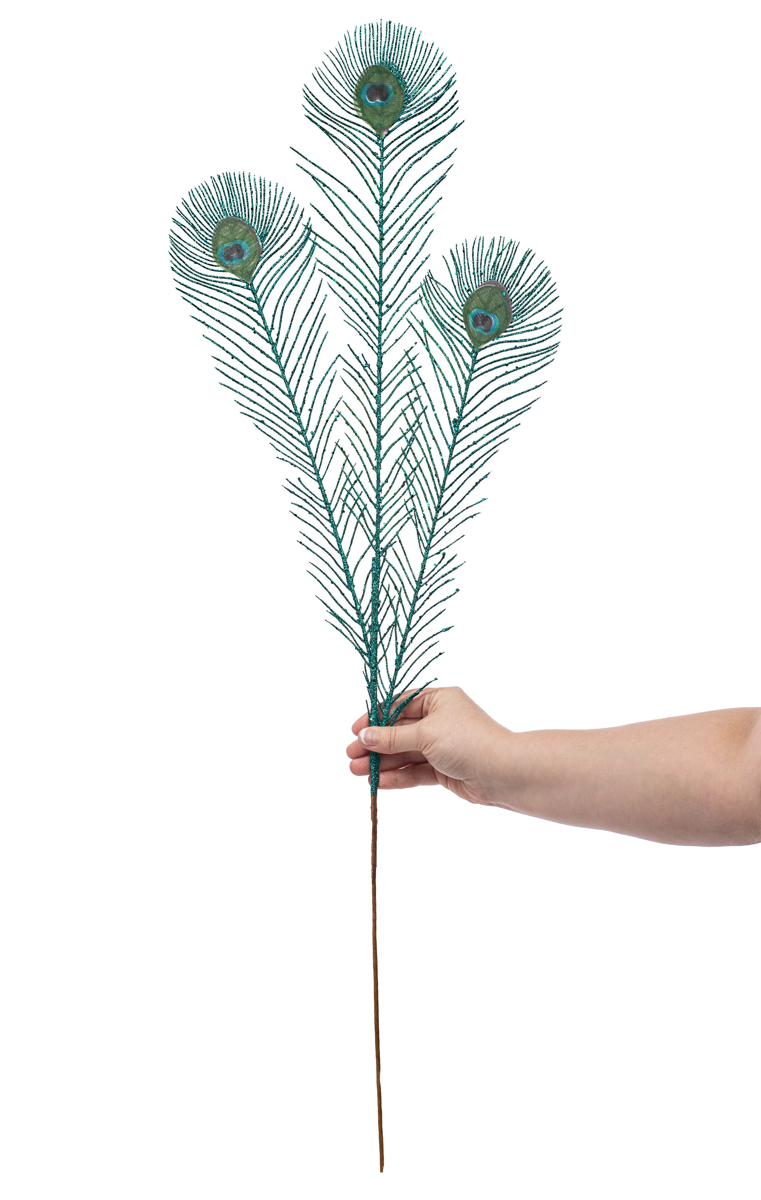 35" Teal Glittered Peacock Spray