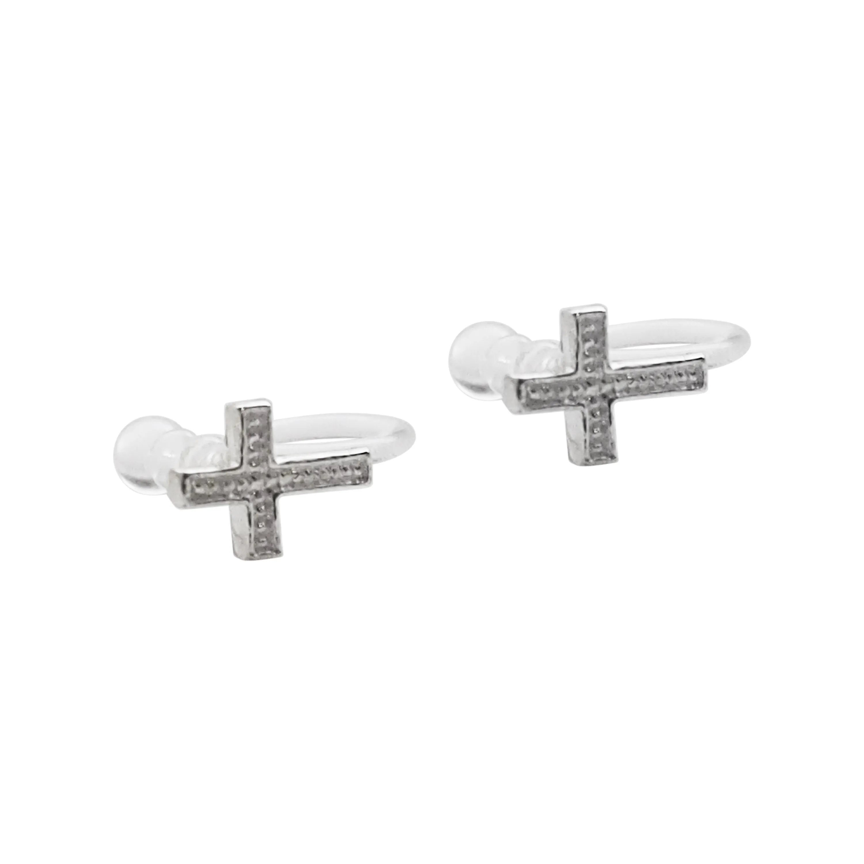 925 Sterling Silver Cross Invisible Clip On Stud Earrings