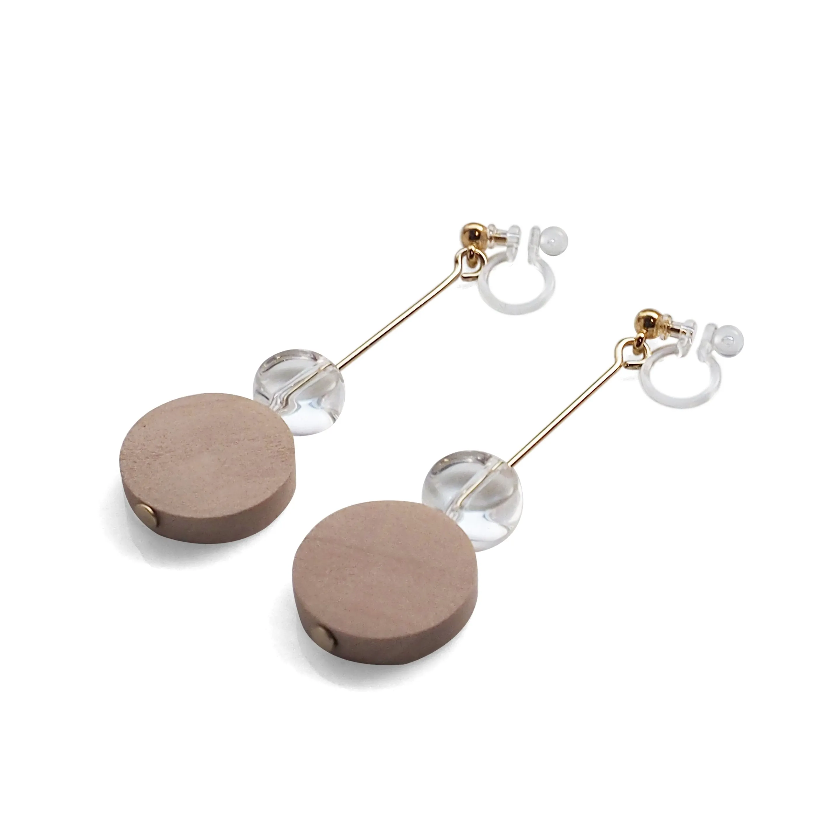 Beige Wood and Clear Disk Invisible Clip On Earrings