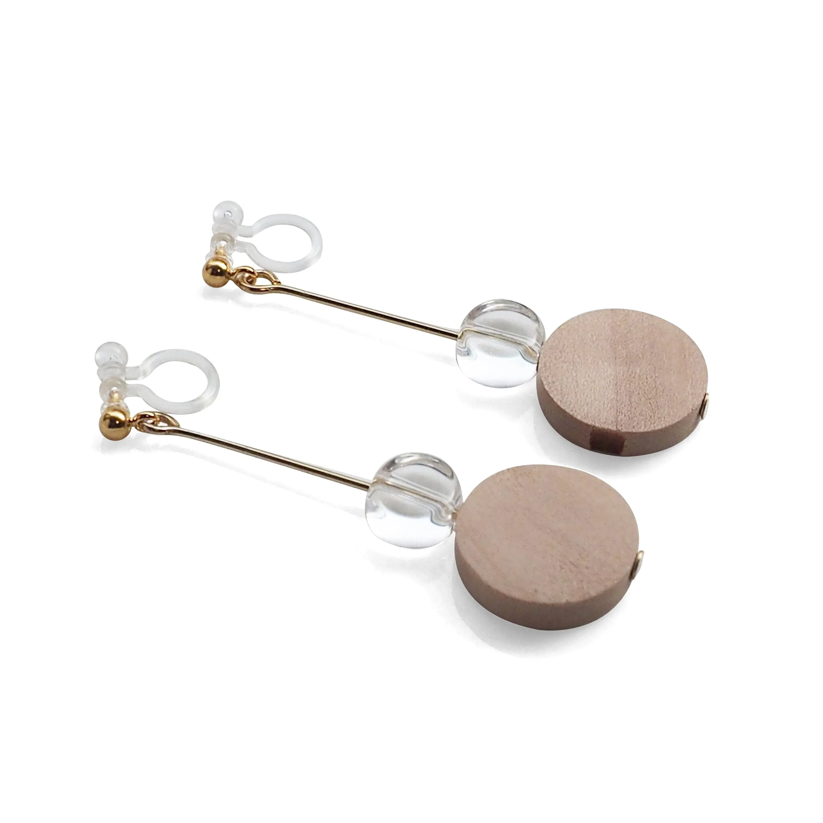 Beige Wood and Clear Disk Invisible Clip On Earrings