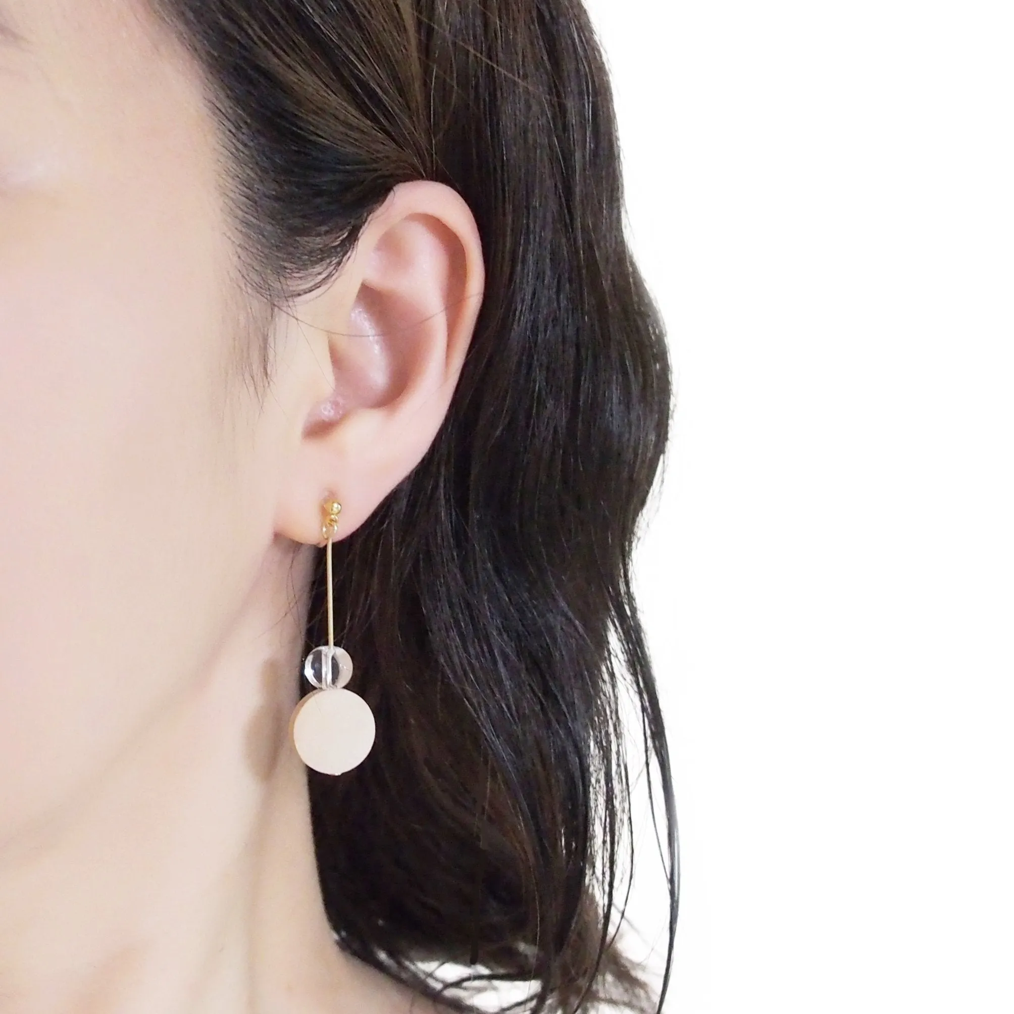 Beige Wood and Clear Disk Invisible Clip On Earrings