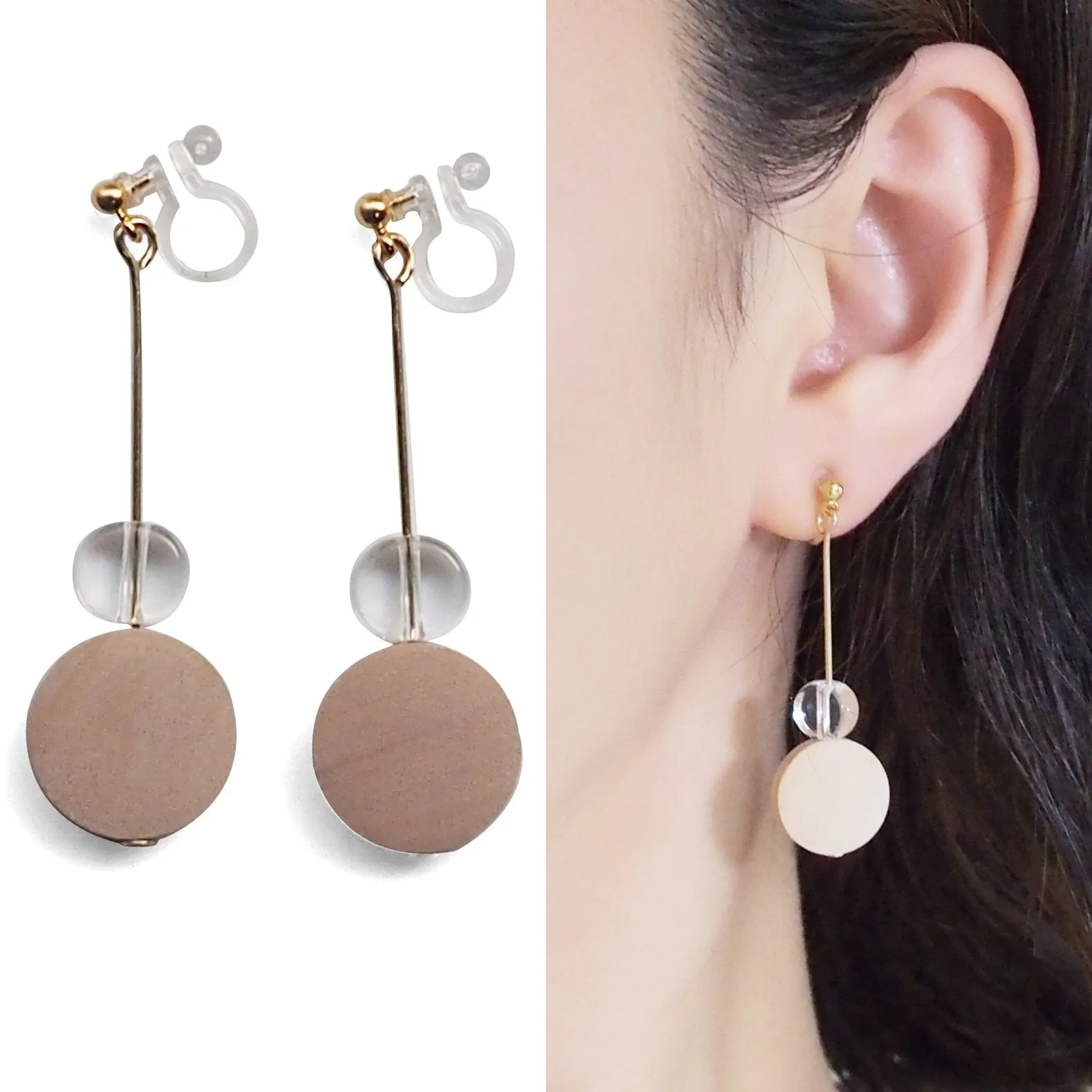 Beige Wood and Clear Disk Invisible Clip On Earrings