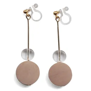 Beige Wood and Clear Disk Invisible Clip On Earrings