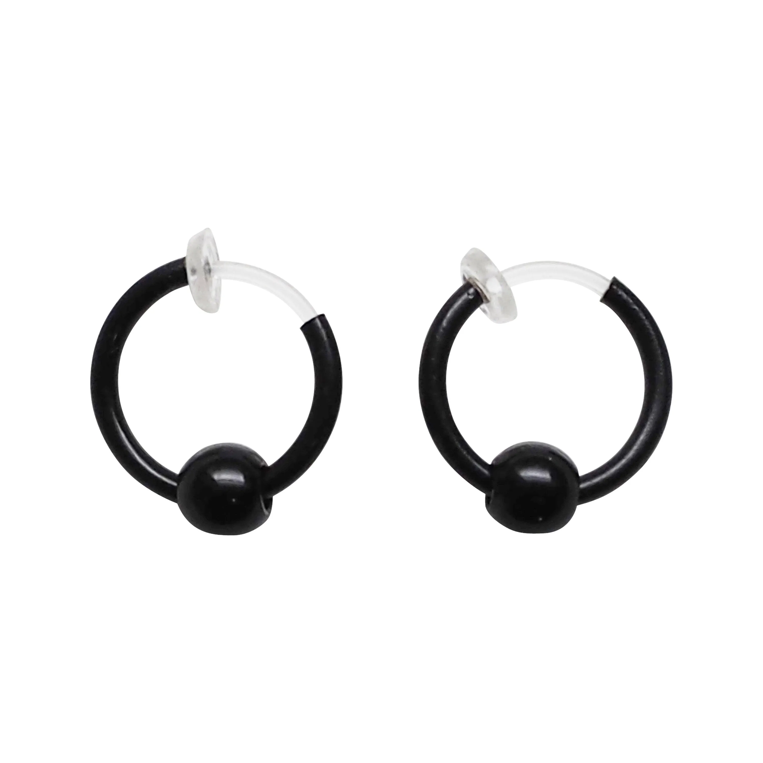 Black Ball Invisible Clip On Hoop Earrings