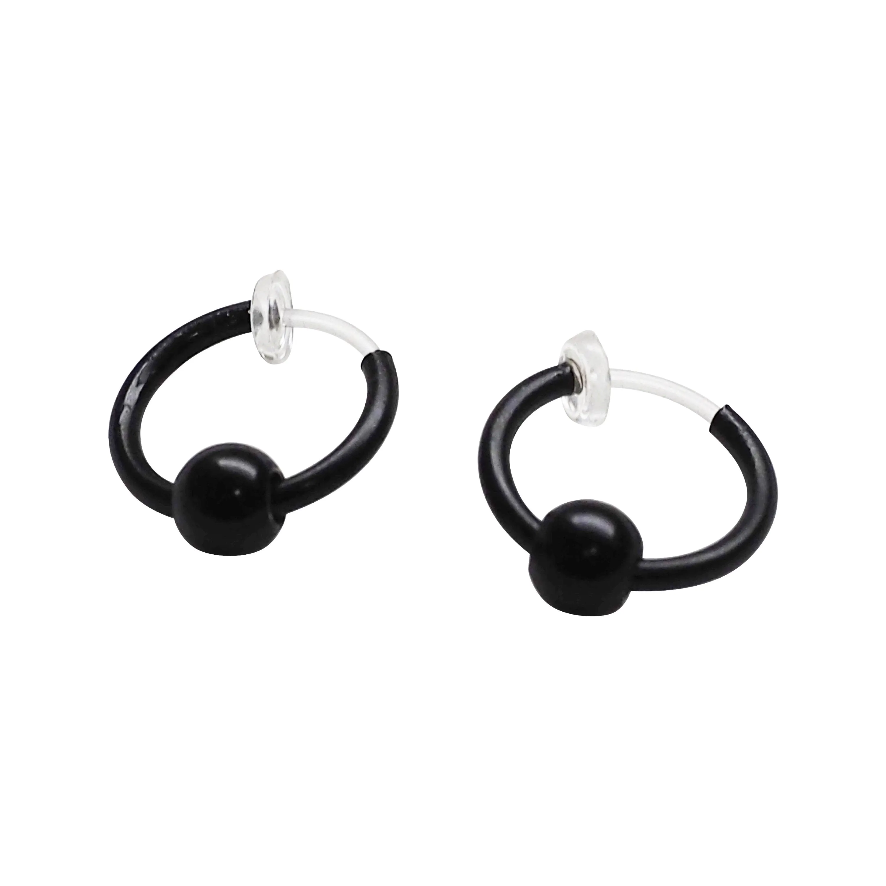 Black Ball Invisible Clip On Hoop Earrings