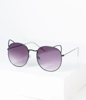 Black Metal Cat Ear Meow Rounded Sunglasses