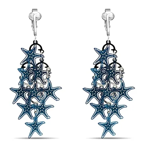 Blue Layered Starfish Clip On Dangling Earrings
