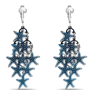 Blue Layered Starfish Clip On Dangling Earrings
