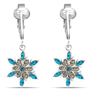 Blue Rhinestone Snowflake Clip On Dangling Earrings