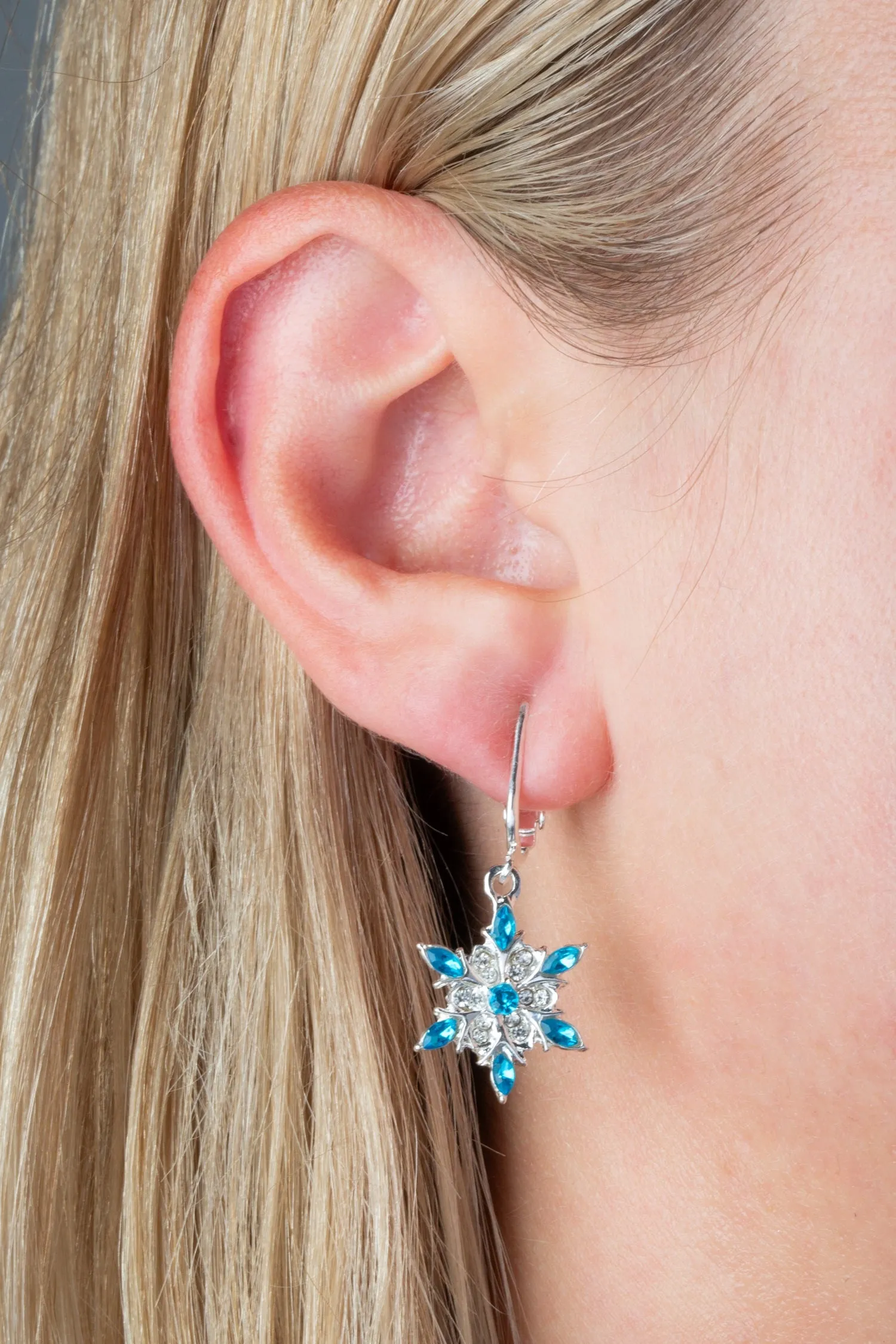 Blue Rhinestone Snowflake Clip On Dangling Earrings