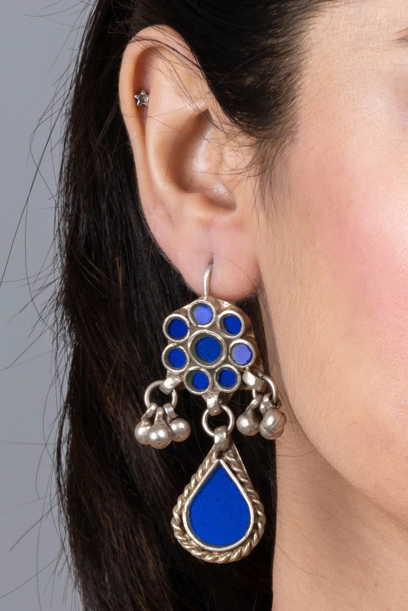 Blue Silver Ghungroo Afghani Glass Dangler Earrings - Elegant Statement Jewelry for Any Occasion
