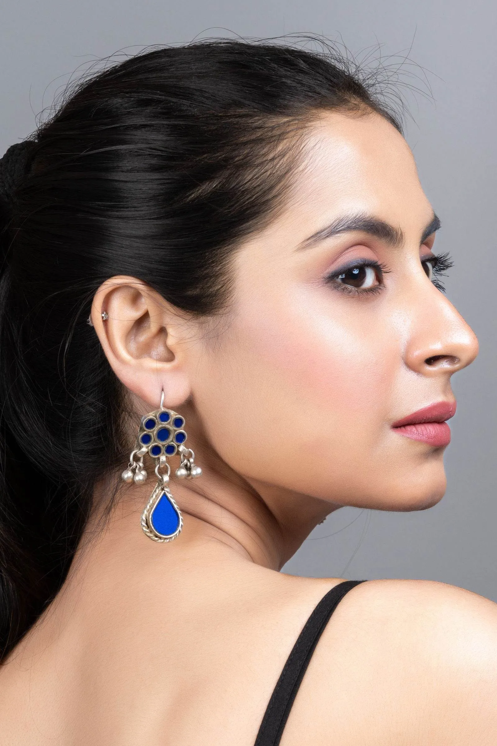 Blue Silver Ghungroo Afghani Glass Dangler Earrings - Elegant Statement Jewelry for Any Occasion