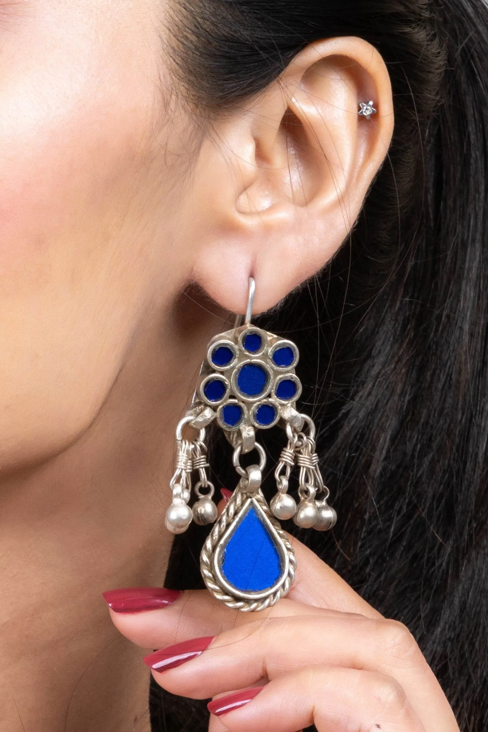 Blue Silver Ghungroo Afghani Glass Dangler Earrings - Elegant Statement Jewelry for Any Occasion