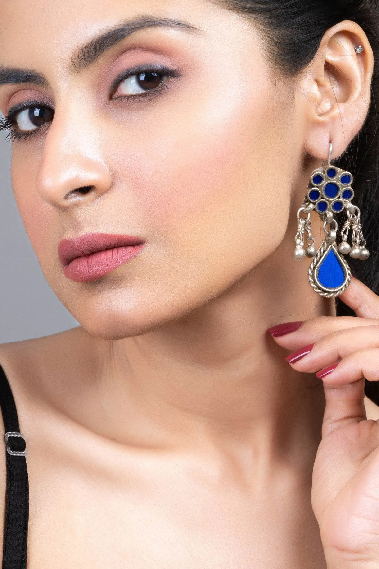 Blue Silver Ghungroo Afghani Glass Dangler Earrings - Elegant Statement Jewelry for Any Occasion