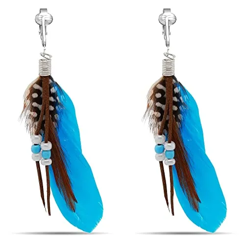 Bohemian Long Feather Clip On Dangling Earrings