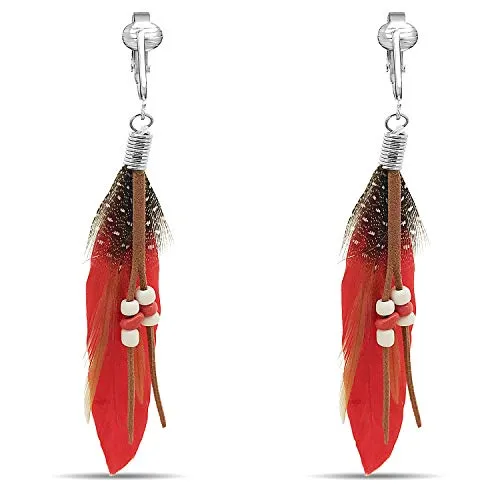 Bohemian Long Feather Clip On Dangling Earrings
