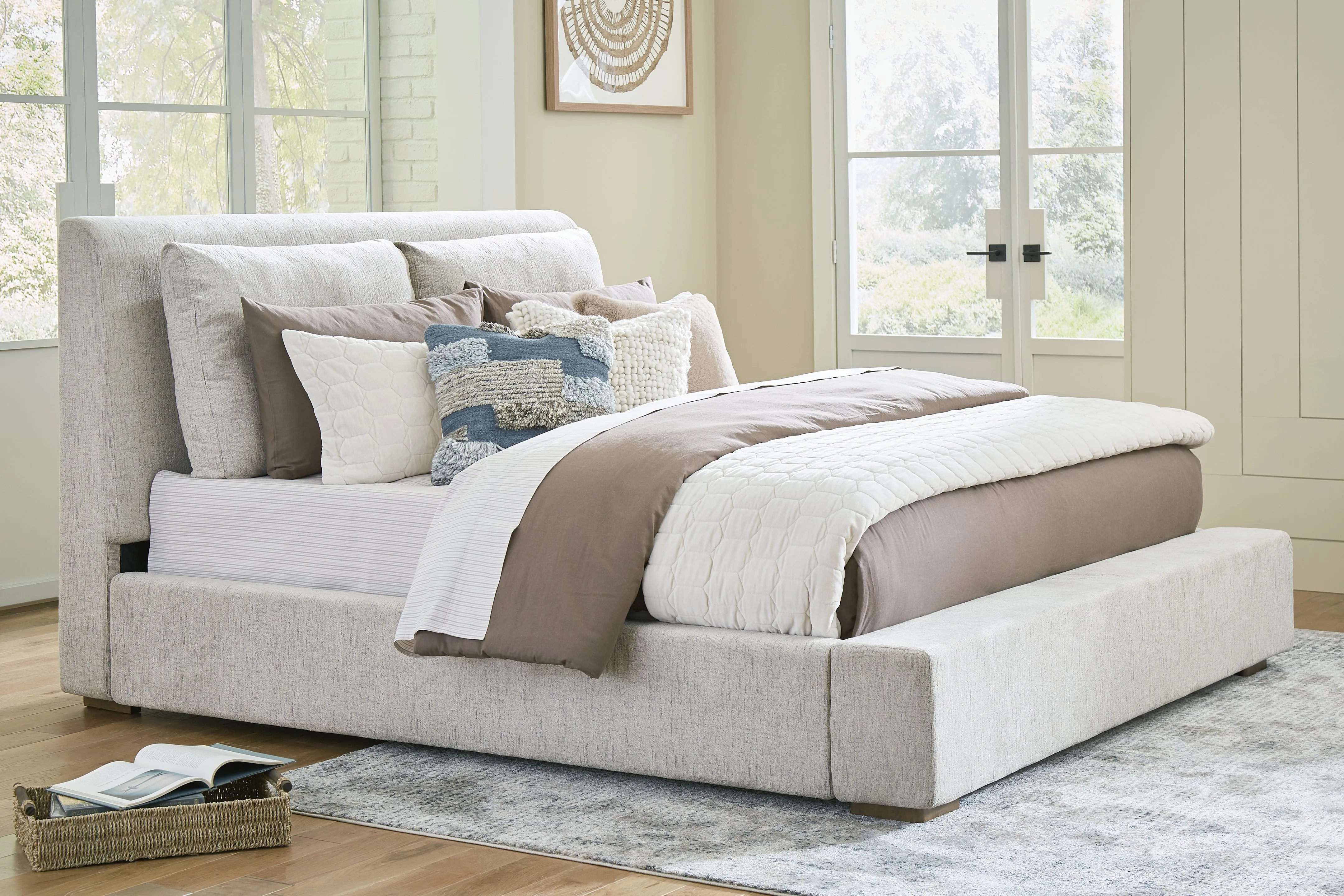 Cabalynn King Upholstered Bed with Mirrored Dresser, Chest and Nightstand in Light Brown