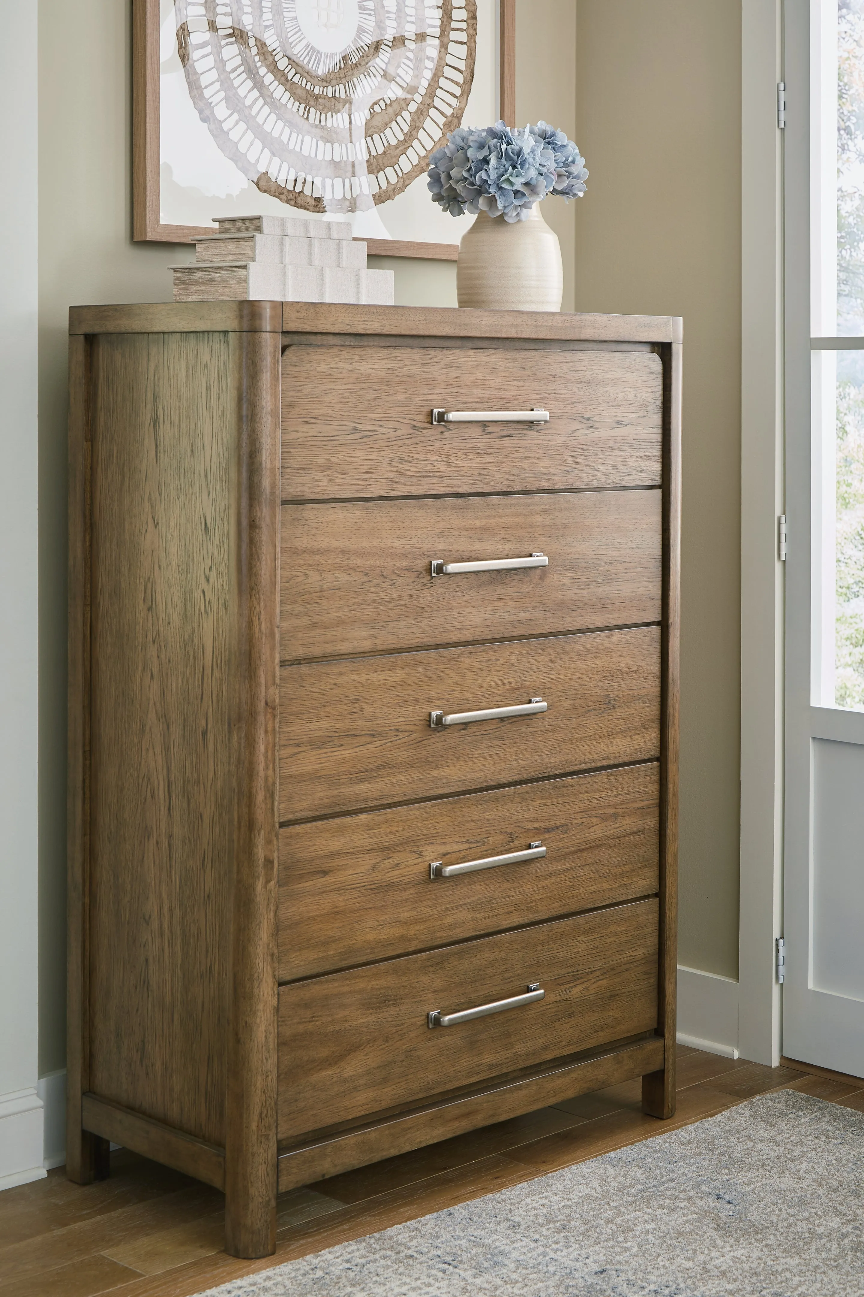 Cabalynn King Upholstered Bed with Mirrored Dresser, Chest and Nightstand in Light Brown
