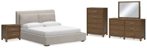 Cabalynn King Upholstered Bed with Mirrored Dresser, Chest and Nightstand in Light Brown