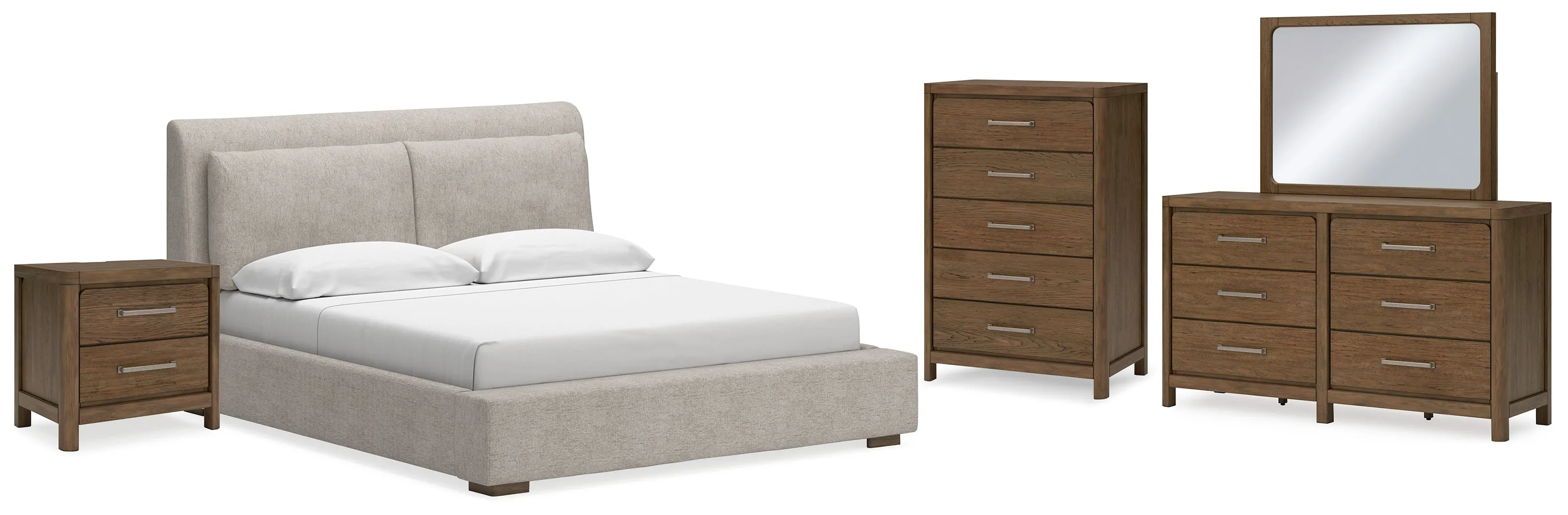 Cabalynn King Upholstered Bed with Mirrored Dresser, Chest and Nightstand in Light Brown