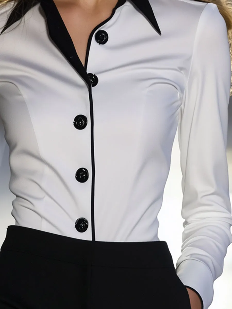 Casual Loose Black And White Colorblock Cotton Long-Sleeved Blouse