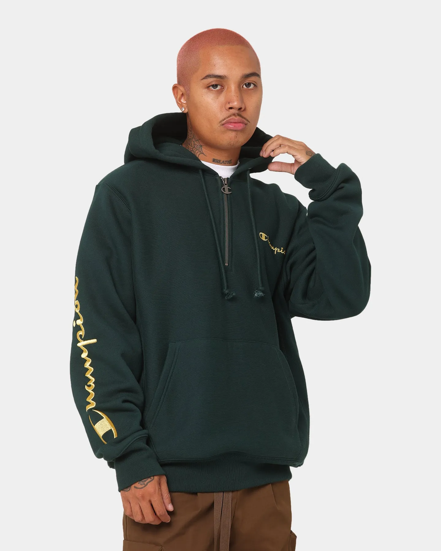 Champion Reverse Weave Quarter Zip Hoodie Midfield Green