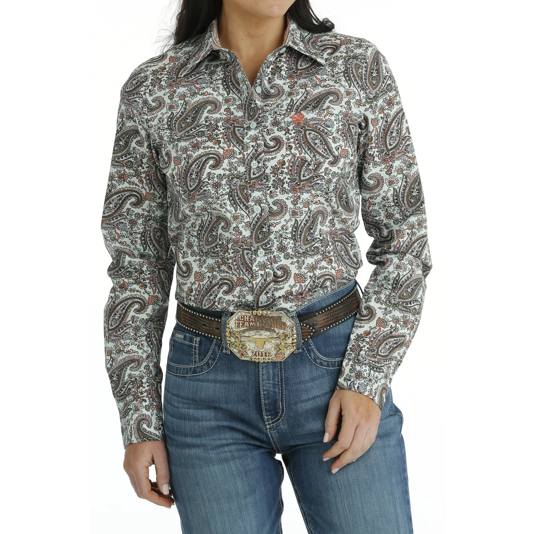 Cinch Ladies Light Blue Paisley Print Button Down Shirt MSW9164218