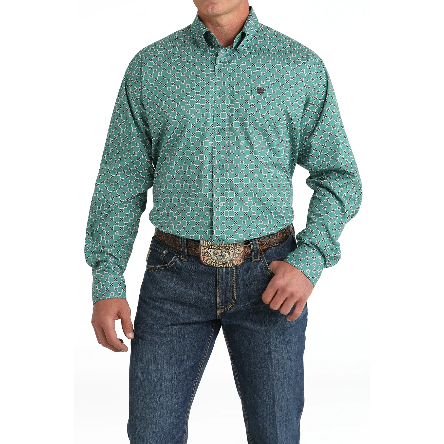 Cinch Men's Green Western Diamond Print Button Down Shirt MTW1105829