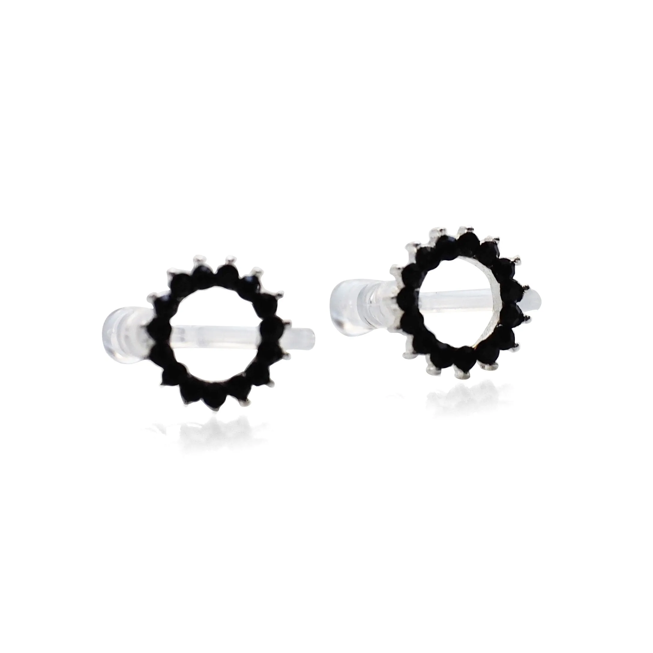 Circle Rhinestone Crystal Invisible Clip On Stud Earrings ( Black tone )