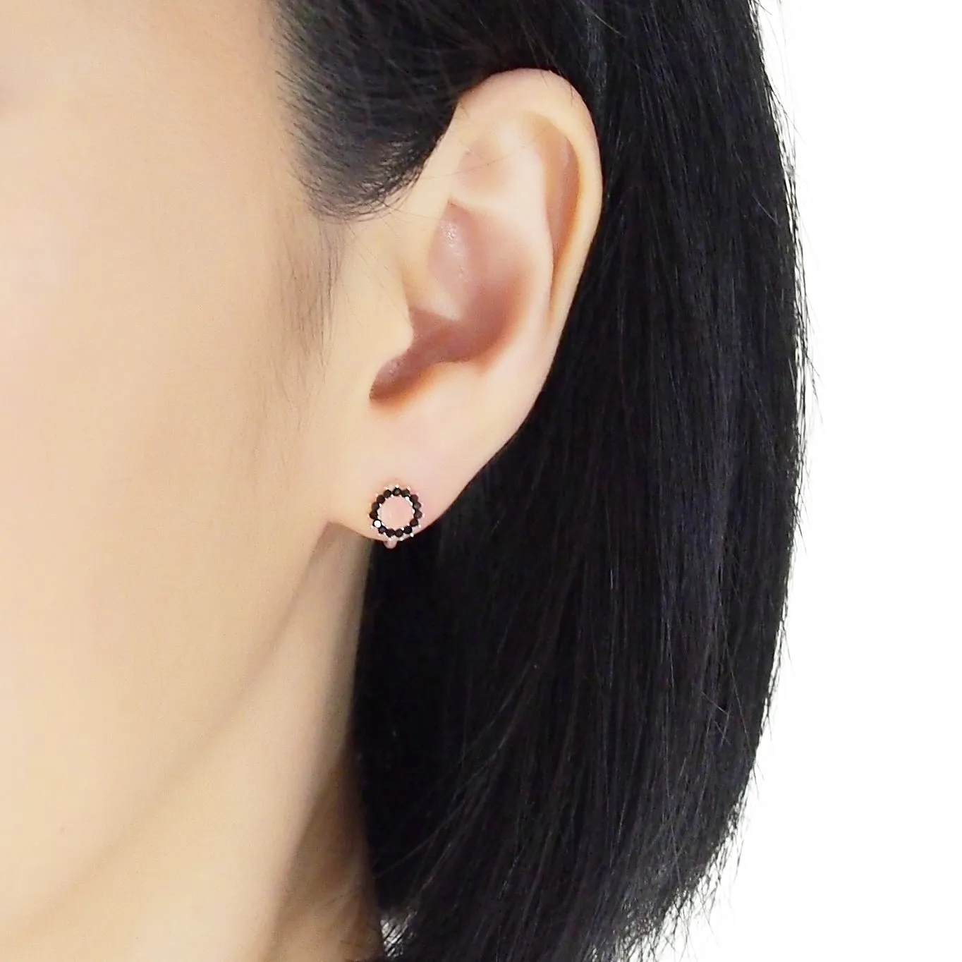Circle Rhinestone Crystal Invisible Clip On Stud Earrings ( Black tone )