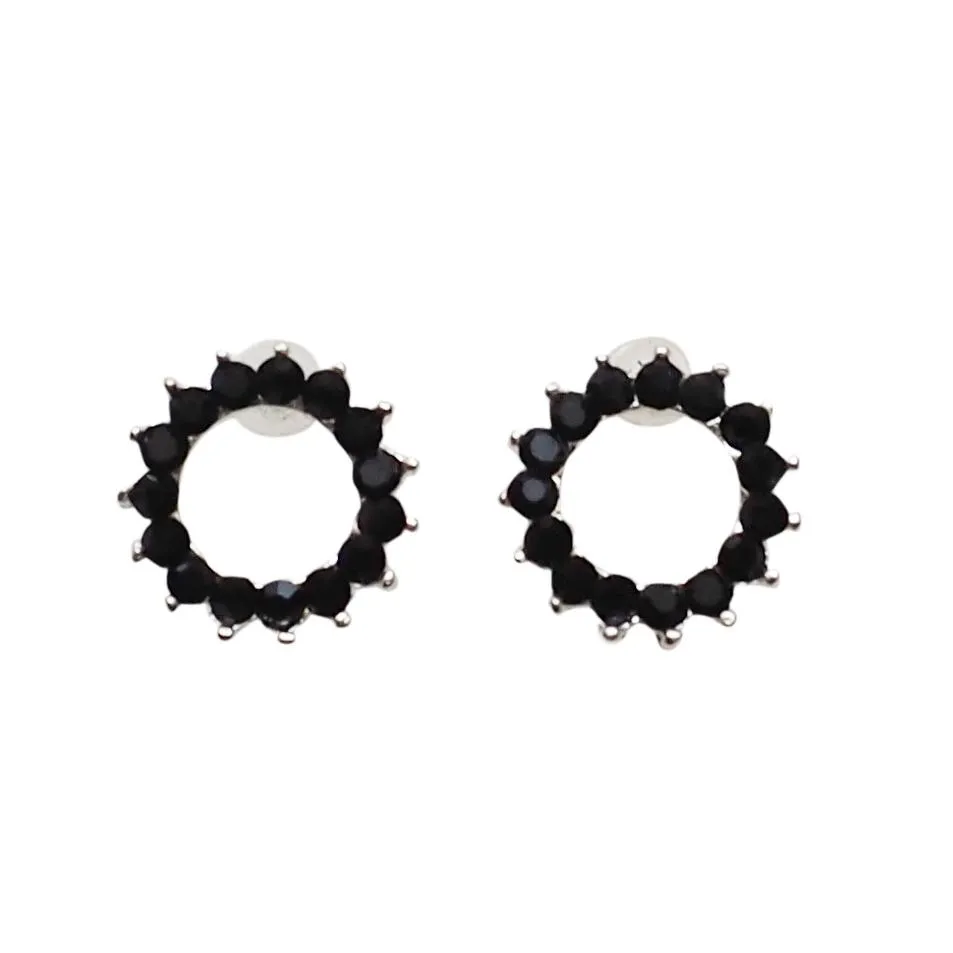 Circle Rhinestone Crystal Invisible Clip On Stud Earrings ( Black tone )