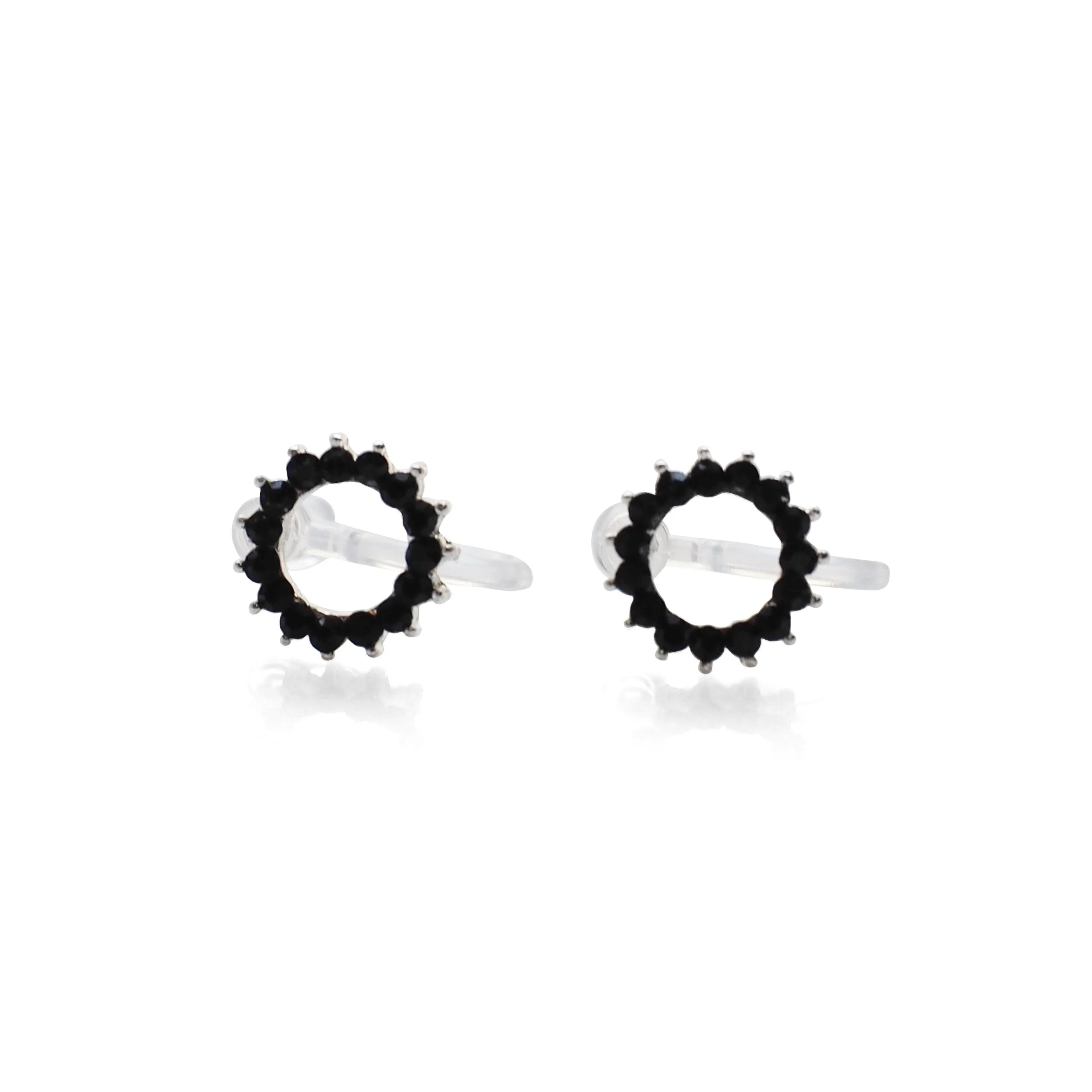 Circle Rhinestone Crystal Invisible Clip On Stud Earrings ( Black tone )