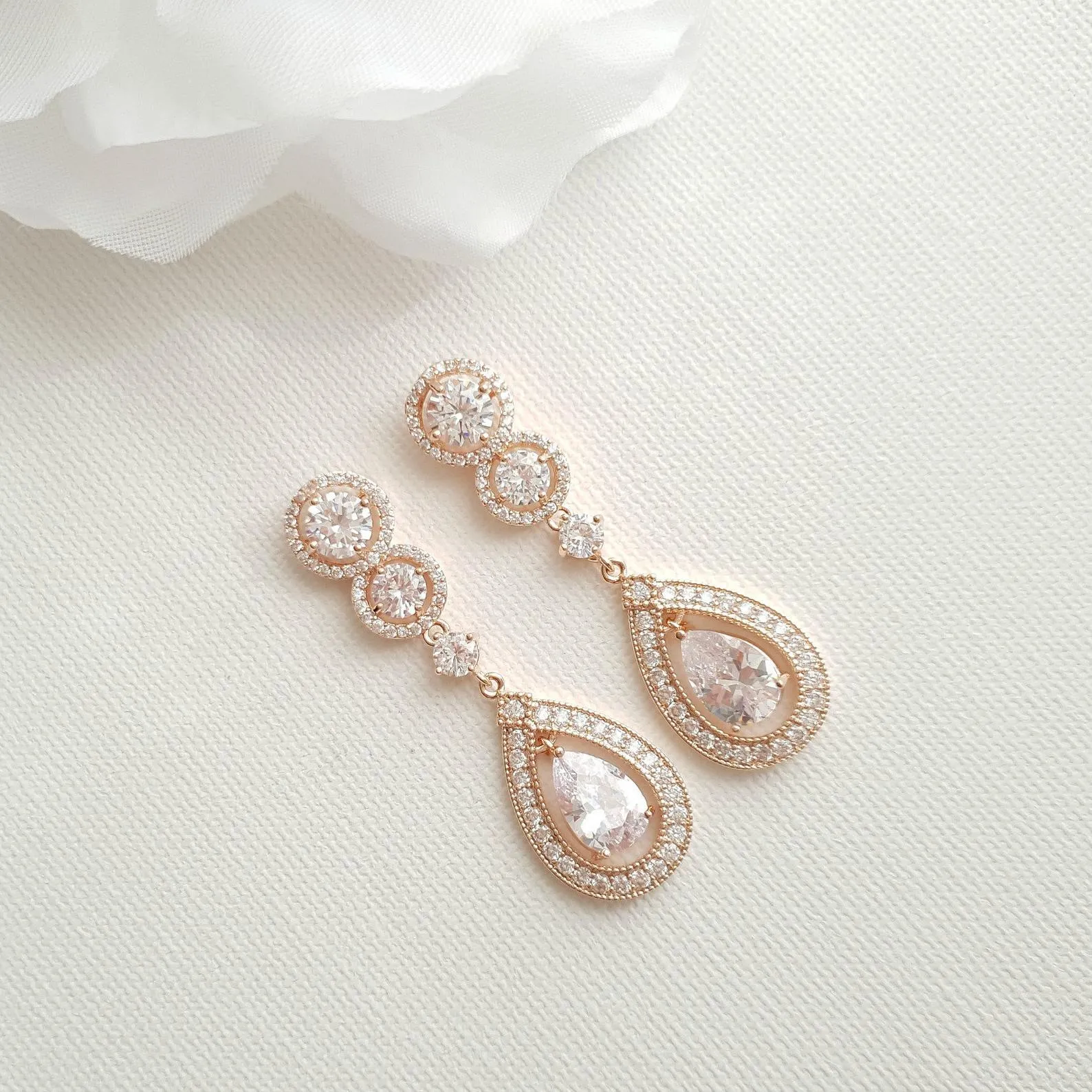 Classic Drop Earrings for Weddings in Rose Gold-Sarah