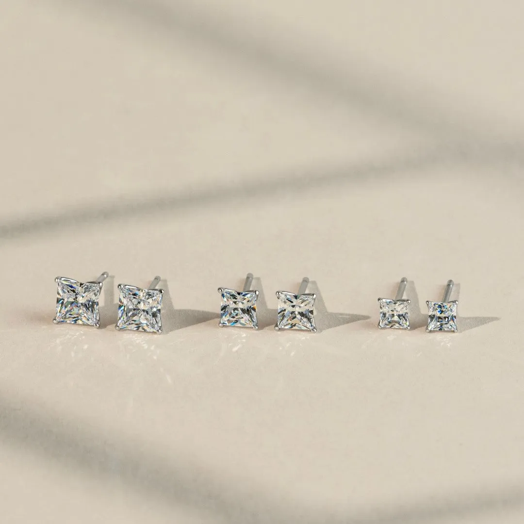 Classic Silver Rhodium Plated 4x4mm Princess Cut CZ Stud Earrings