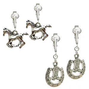 Cowgirl Boots and Horses Set of 2 Clip On Dangling Earrings