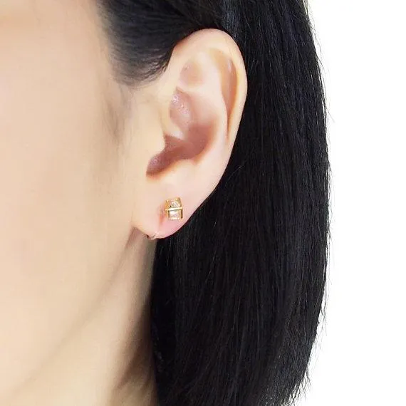 Cubic Zirconia Crystal In Cube Invisible Clip On Stud Earrings ( Gold tone )