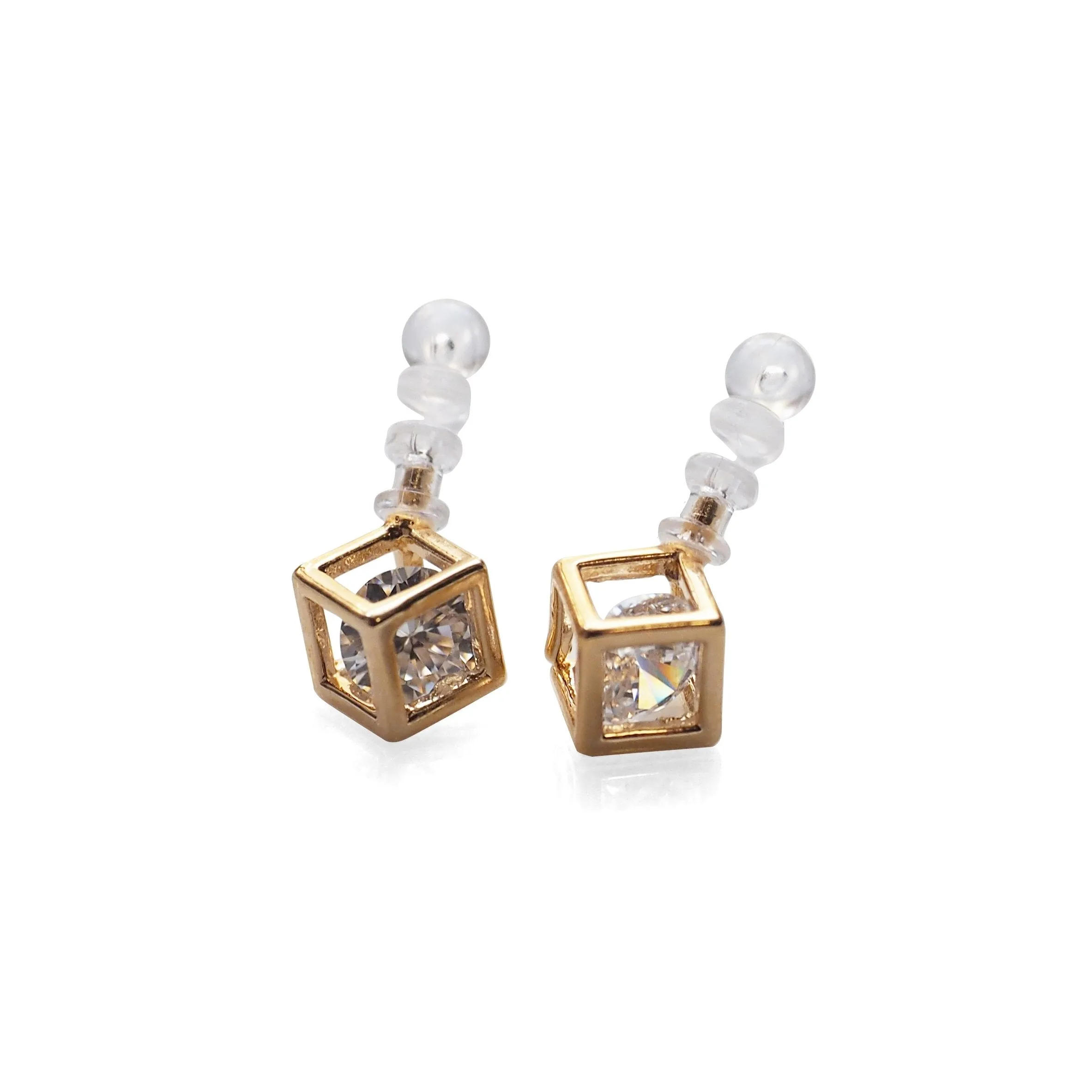 Cubic Zirconia Crystal In Cube Invisible Clip On Stud Earrings ( Gold tone )