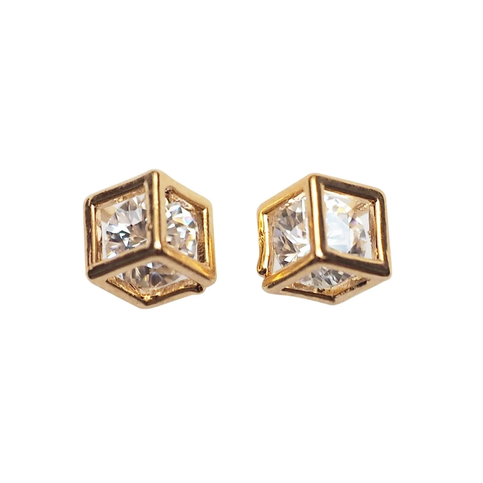 Cubic Zirconia Crystal In Cube Invisible Clip On Stud Earrings ( Gold tone )