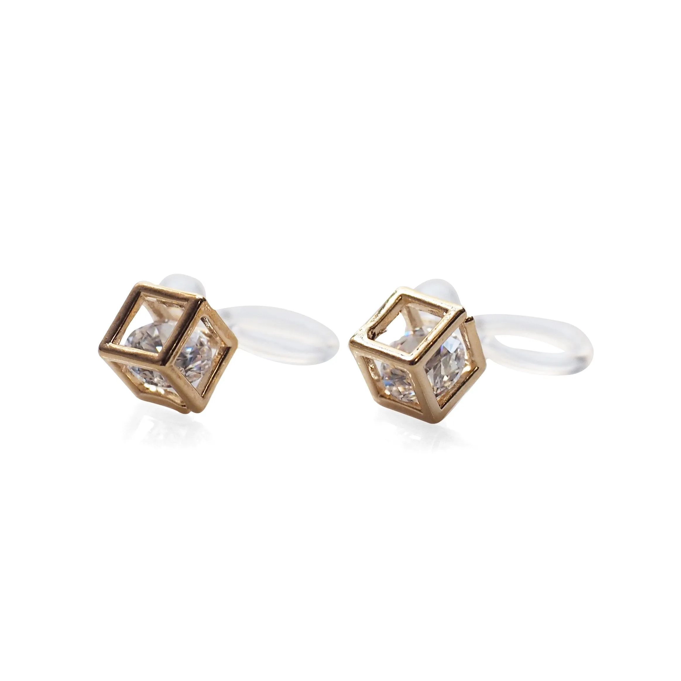 Cubic Zirconia Crystal In Cube Invisible Clip On Stud Earrings ( Gold tone )