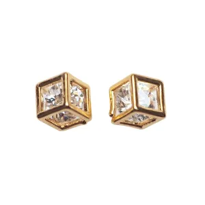 Cubic Zirconia Crystal In Cube Invisible Clip On Stud Earrings ( Gold tone )