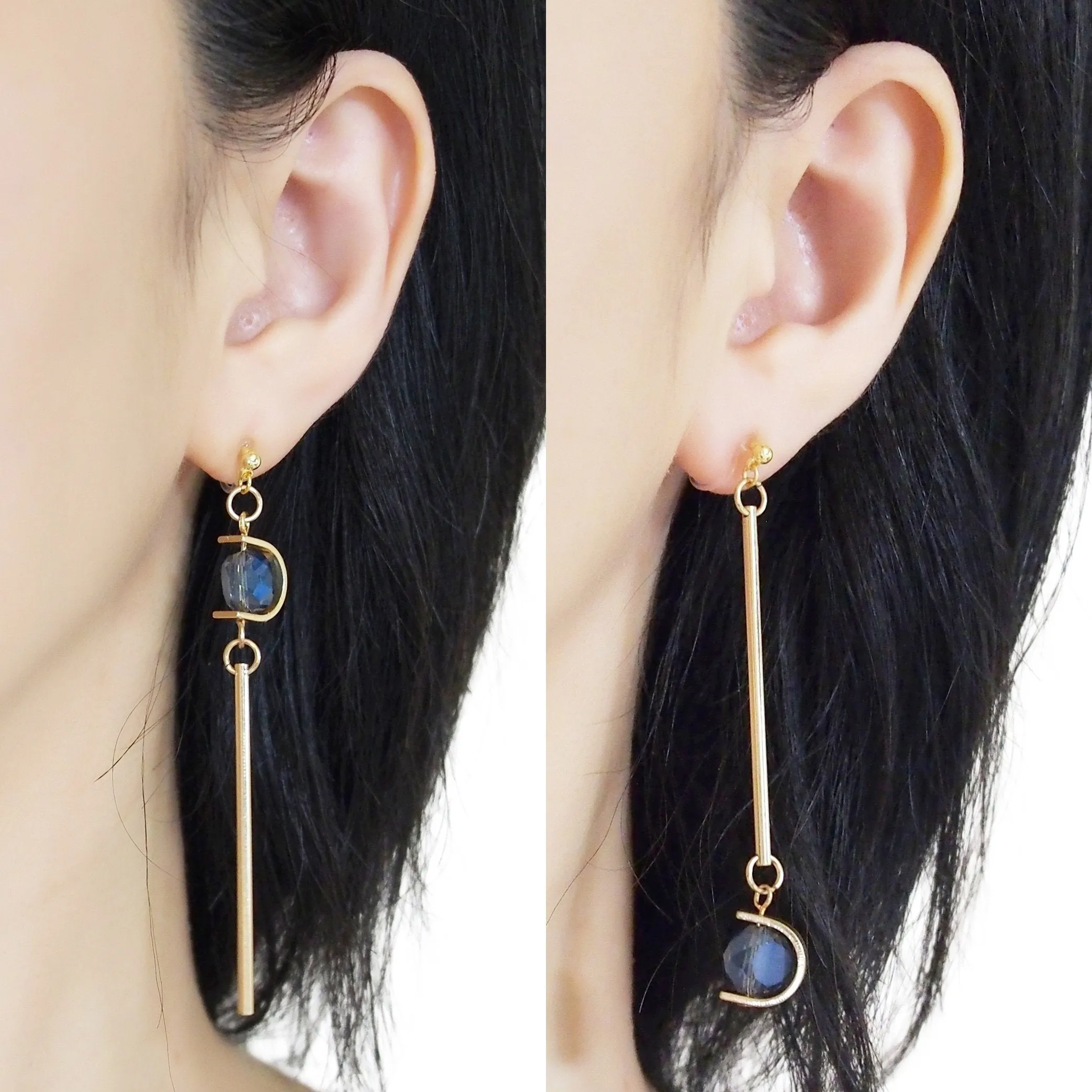 Dangle Asymmetric Blue Crystal Invisible Clip On Earrings