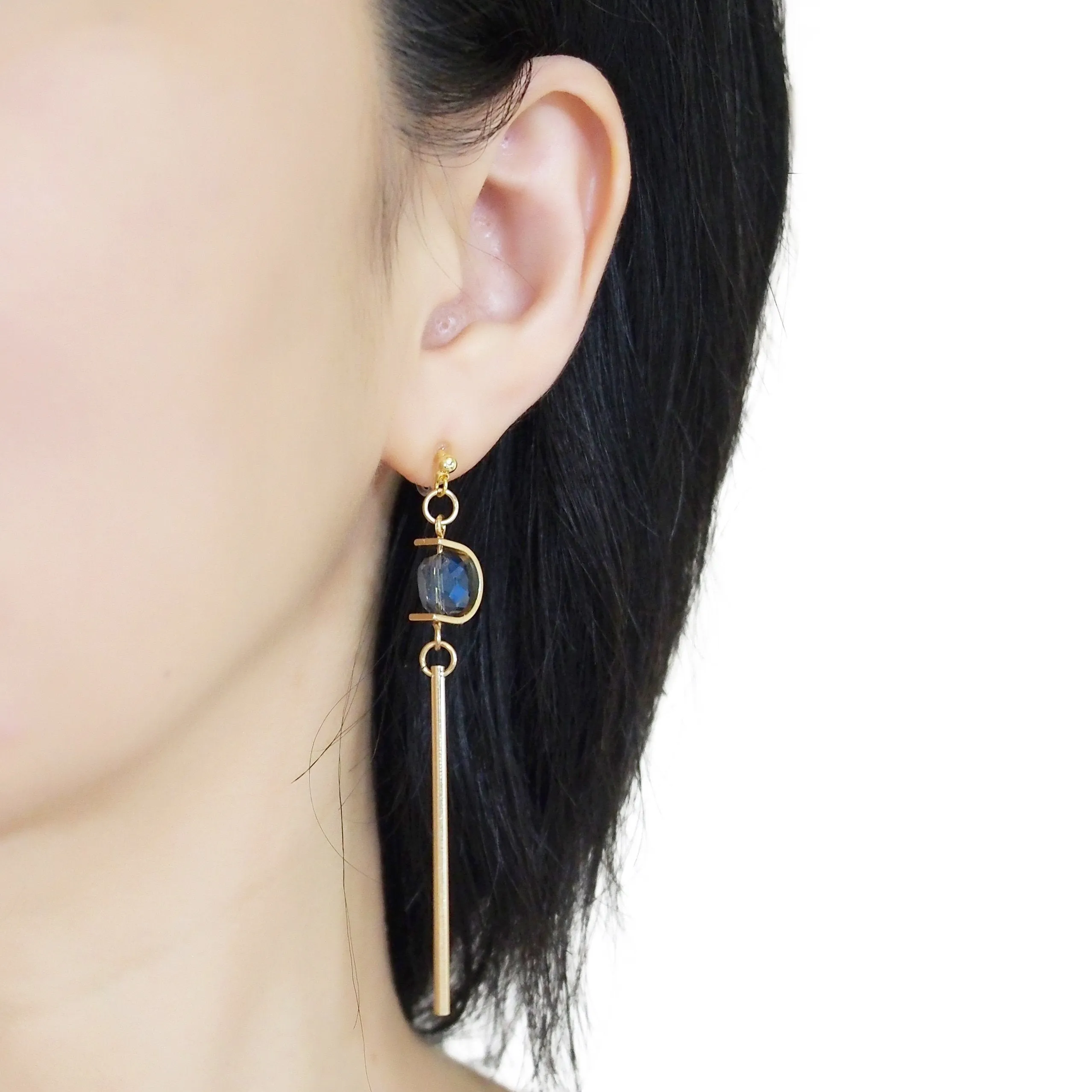 Dangle Asymmetric Blue Crystal Invisible Clip On Earrings