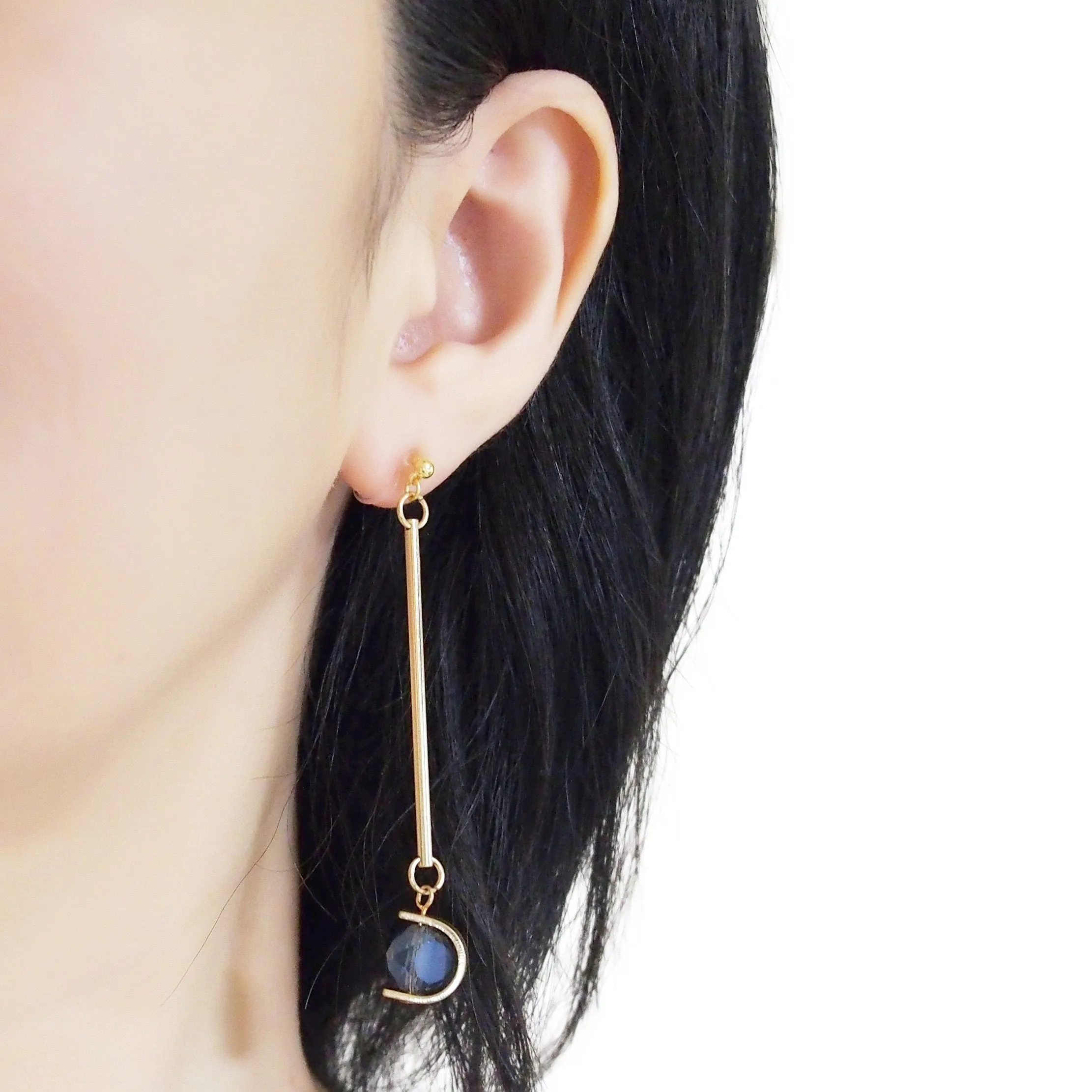 Dangle Asymmetric Blue Crystal Invisible Clip On Earrings