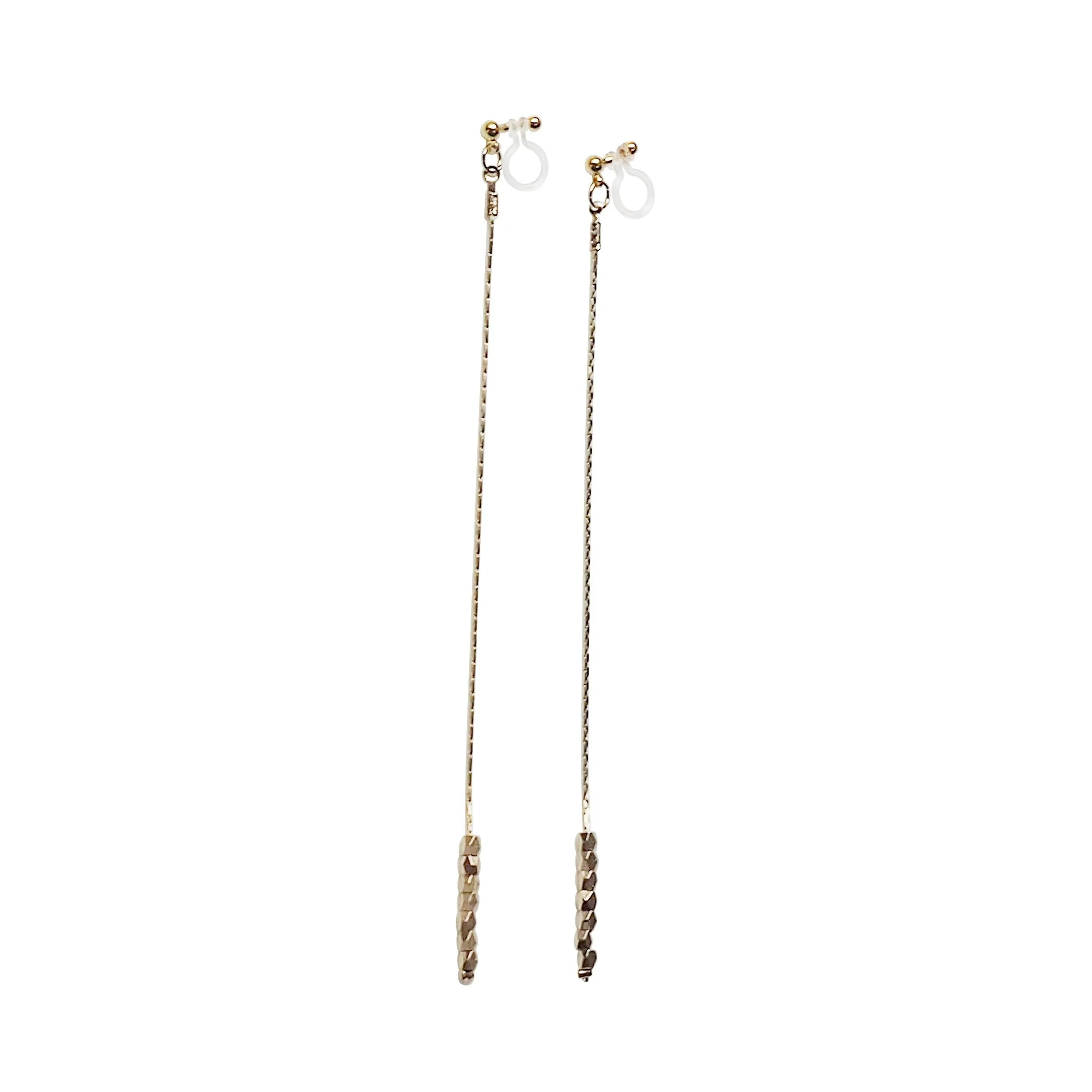 Dangle gold chain & beads invisible clip on earrings