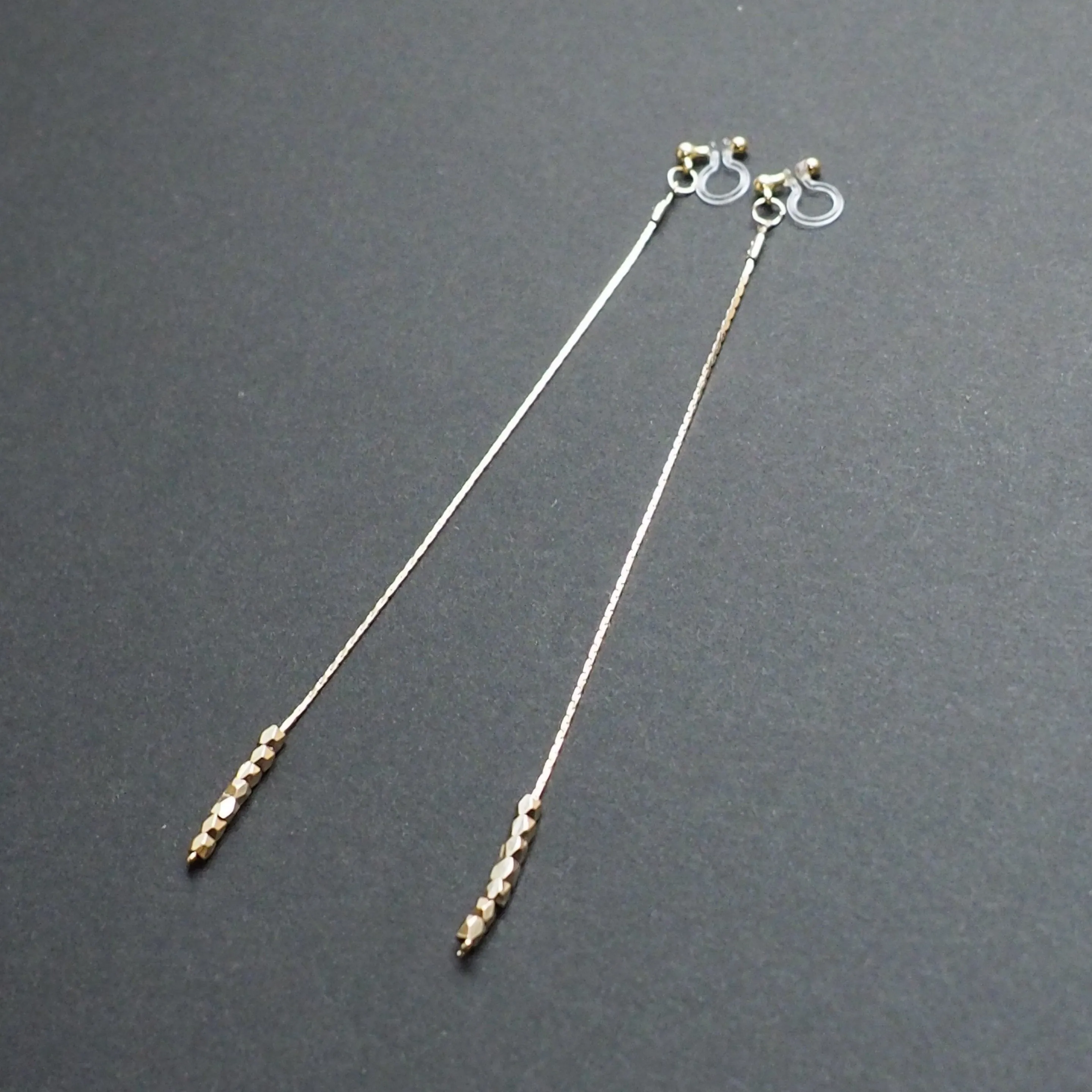 Dangle gold chain & beads invisible clip on earrings