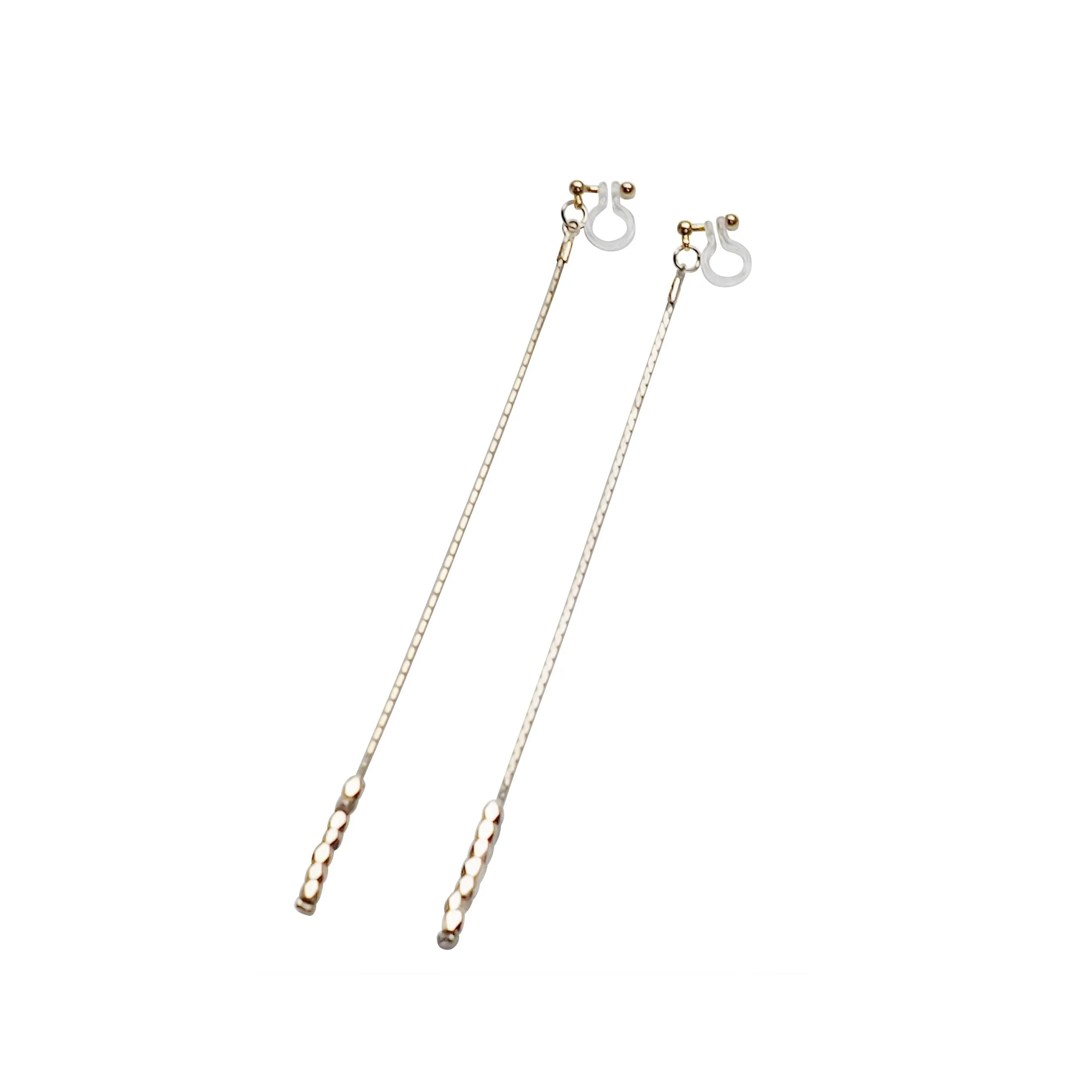 Dangle gold chain & beads invisible clip on earrings