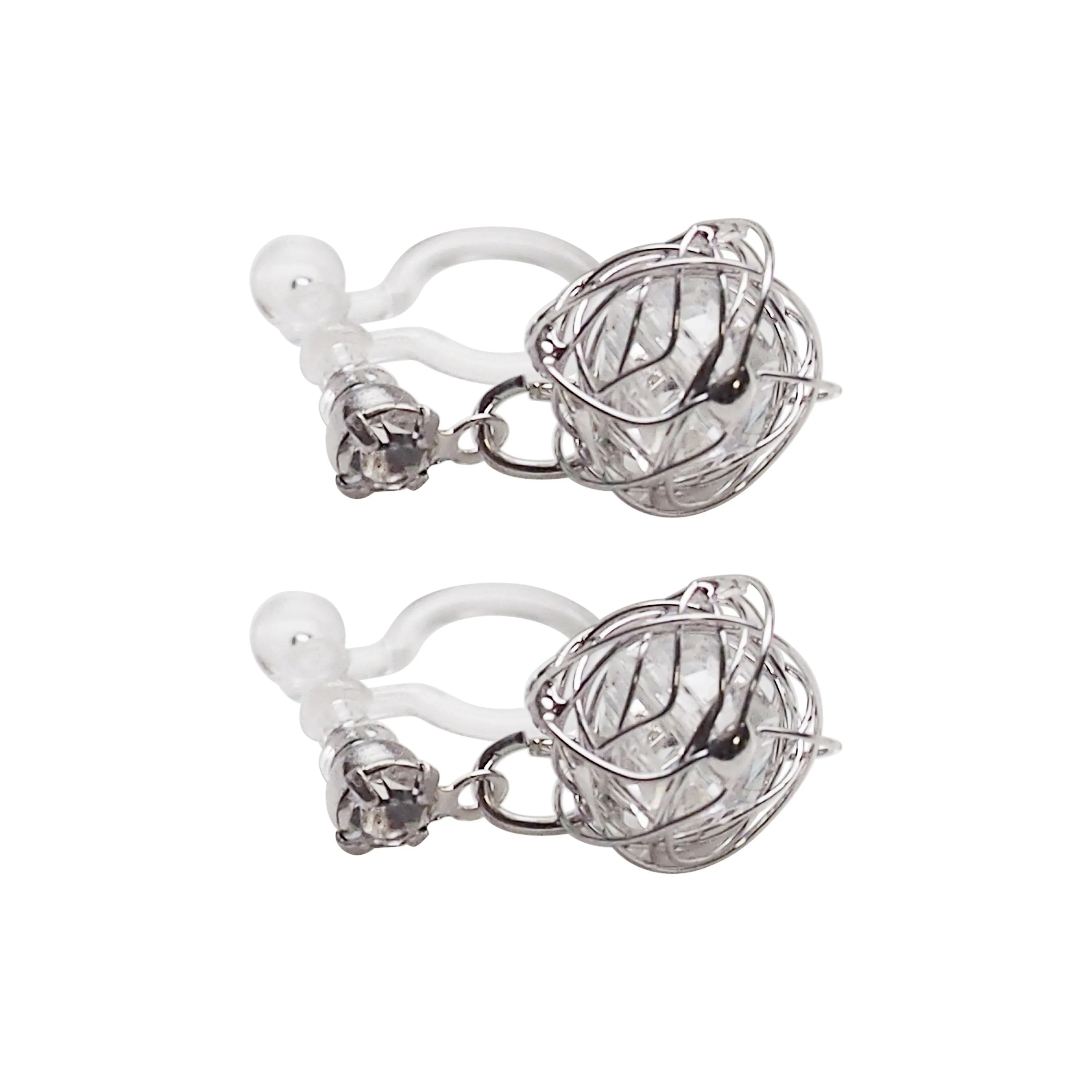 Dangle Silver Mesh Ball with Cubic Zirconia Crystal Invisible Clip On Earrings