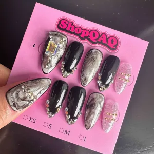 Dark Ombre Diva Handcrafted Press-On Nails - Black Ombre, Edgy Cool-Girl Style, Almond Shaped, Handmade & Ready-to-Wear