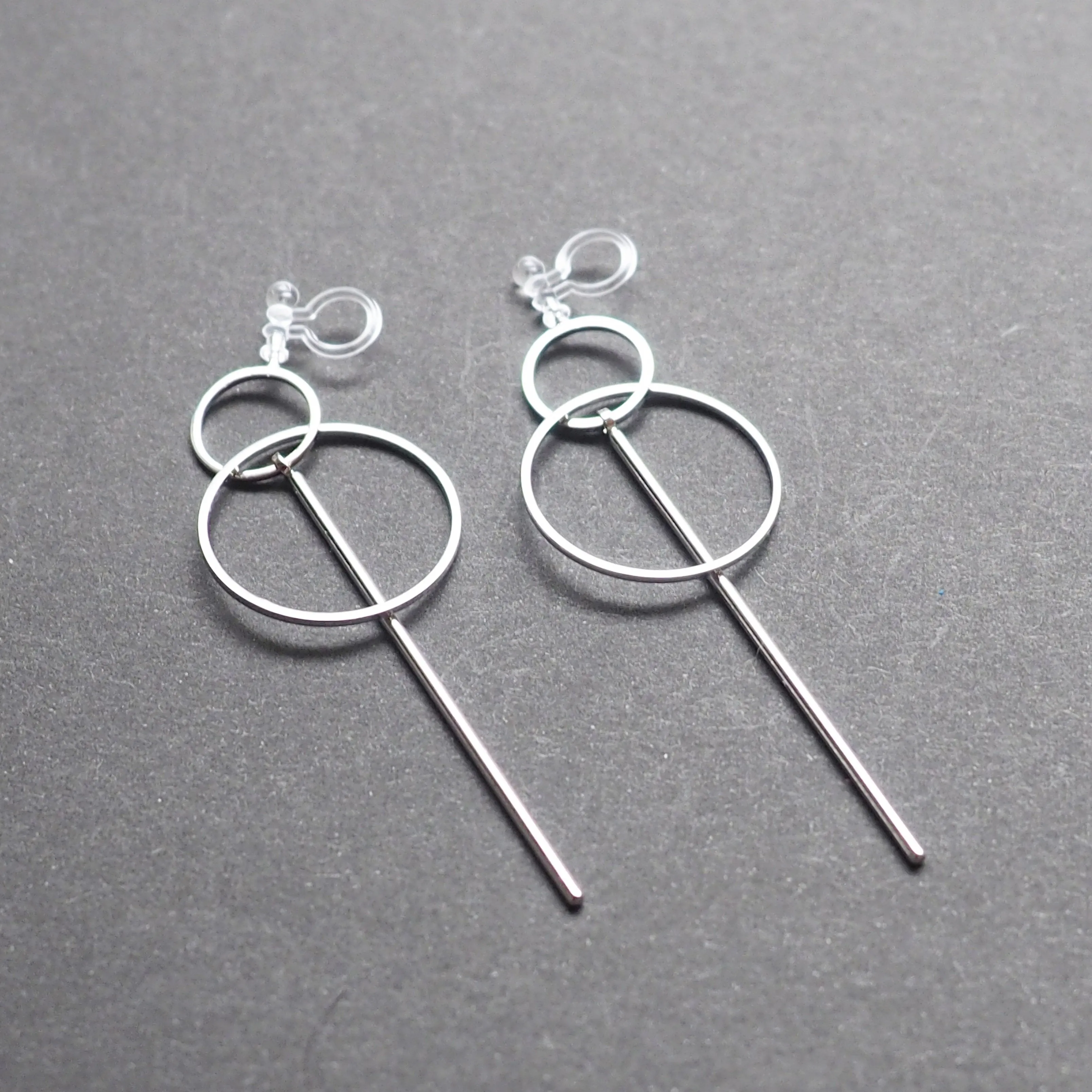 Double hoop with bar invisible clip on stud earrings ( Silver tone )